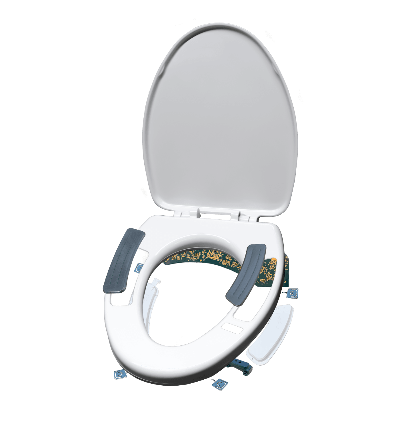 Exploded view of the Casana Pro: seat ring, thigh pads, sensor board, load cells and battery